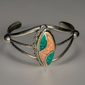 Vintage Alpaca Mexico Cuff Bracelet Turquoise Coral Chip Inlay Southwestern